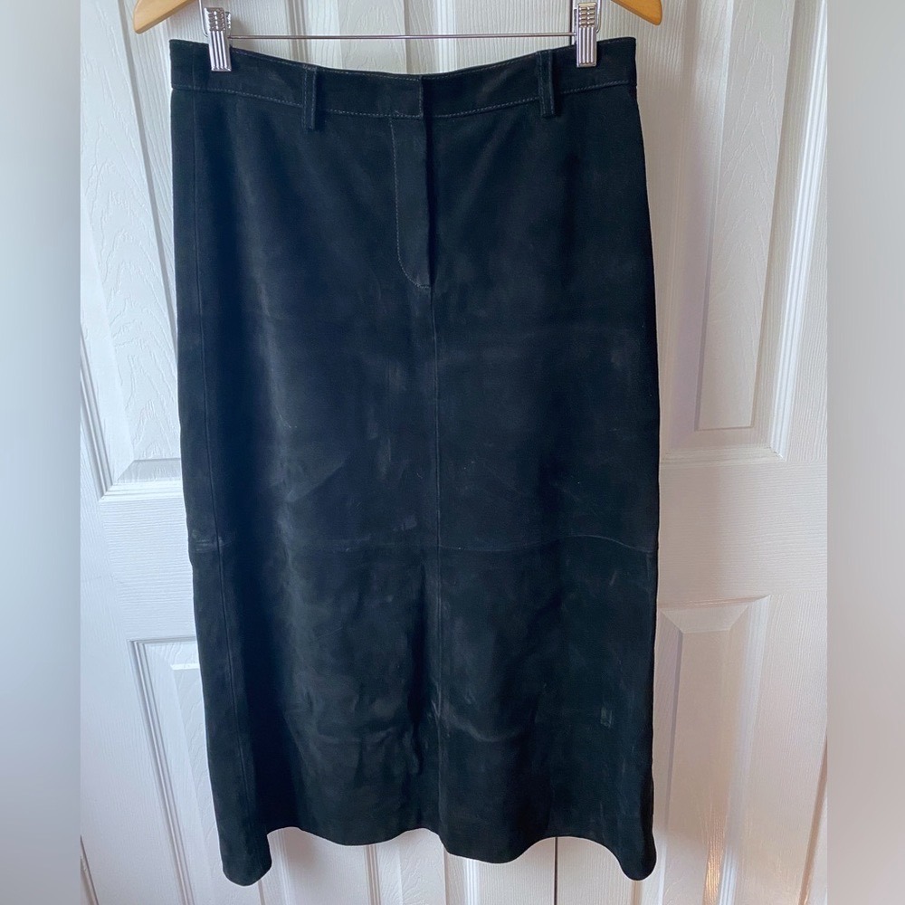 DKNY Black Suede Leather Cowgirl Western Pencil Midi Skirt SZ 10